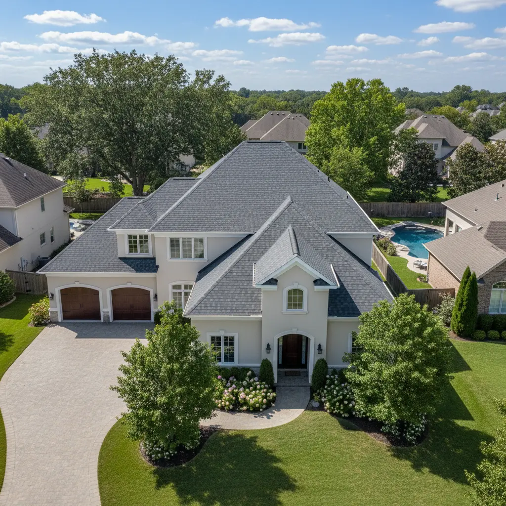 Aerial view of a large suburban home with a newly replaced gray shingle roof, surrounded by mature trees, a pool, and landscaped lawn