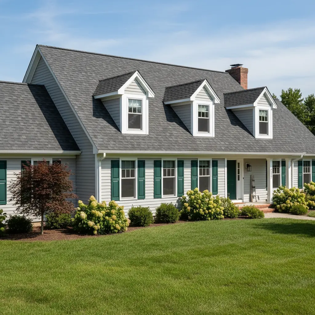 A well-maintained gray cape cod style home with teal shutters and a healthy green lawn