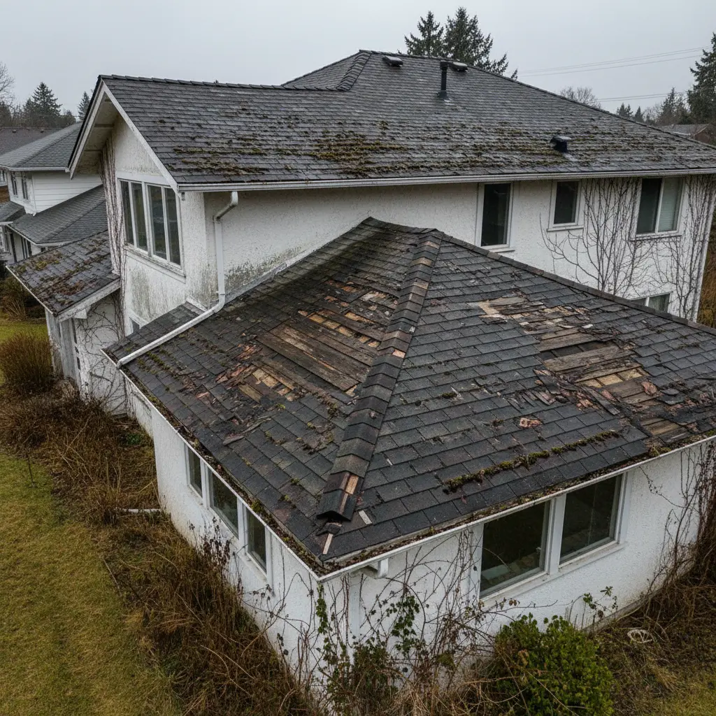 Close-up of a worn, damaged roof with missing shingles in need of replacement